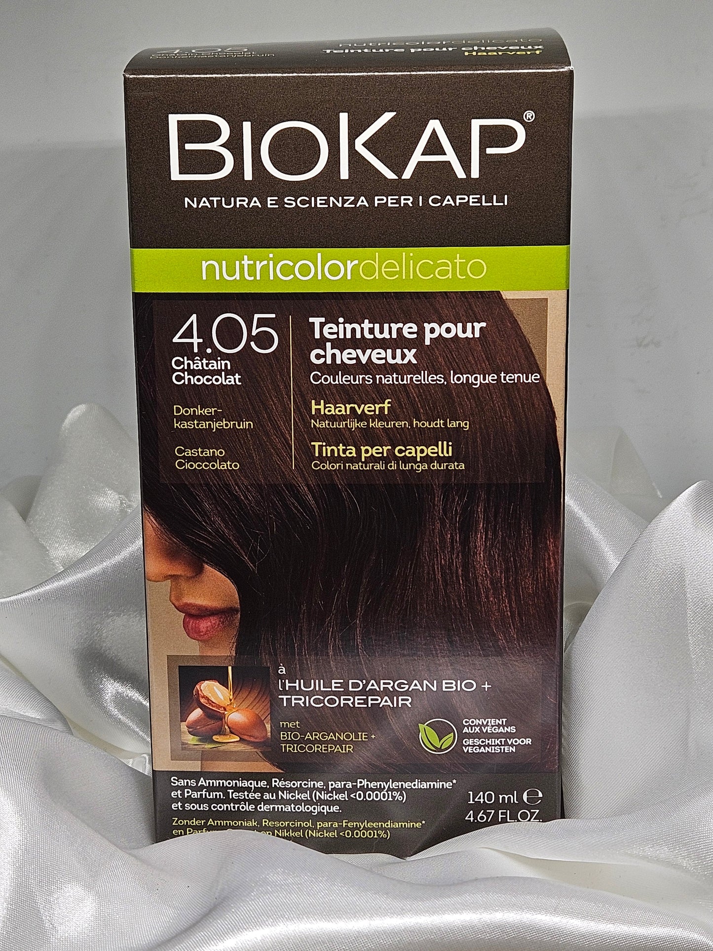 Coloration 4.05 chatain chocolat biokap La farigoule mille et une plante